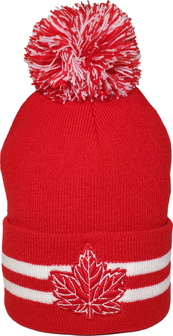 Mighty Maple Striped Cuffed Pom Toque Red White