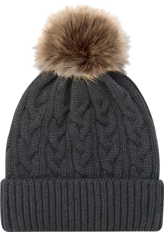 Jacquard Cable Knit Faux Fur Pom Toque Charcoal
