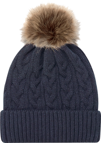 Jacquard Cable Knit Faux Fur Pom Toque Navy