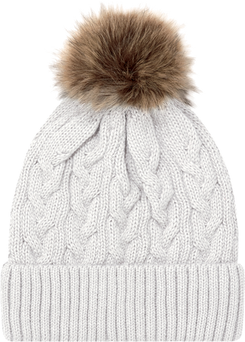 Jacquard Cable Knit Faux Fur Pom Toque White